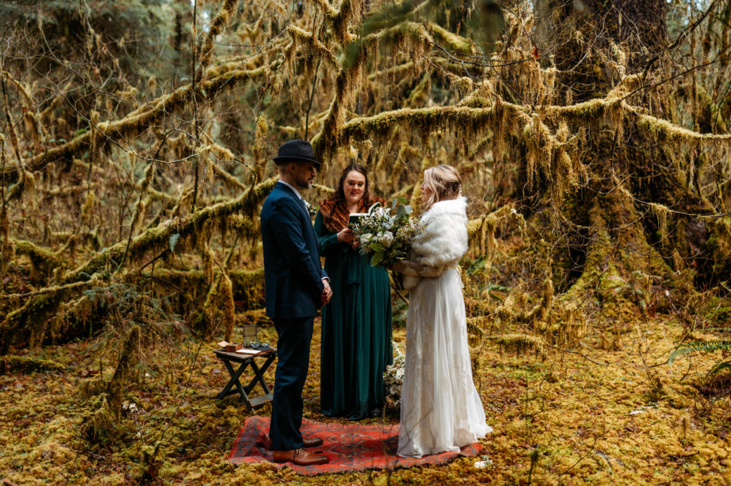 A couple is getting married in a Washington State rainforest, a part of Olympic National Park, for their elopement.