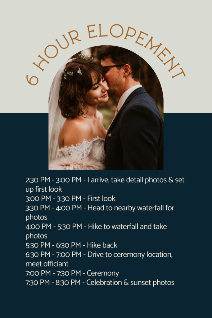 6 hour elopement timeline example with text.