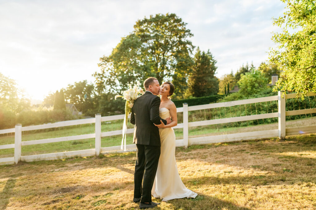 Sunset photos of a bride and groom on their wedding day in Woodinville.