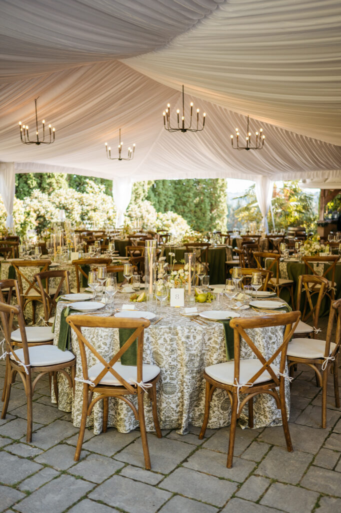 Reception details and decorations on the terrace at Chateau Lill.